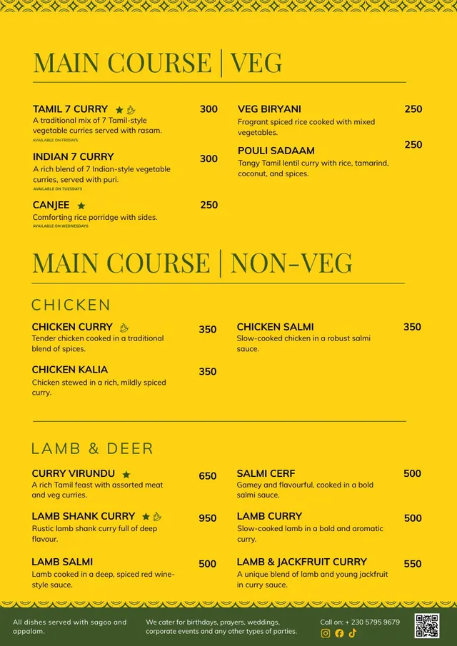Original menu for Kot Mamé by Ramalingum & Sons, page 2