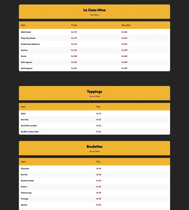 Original menu for La Casa Mine, page 2