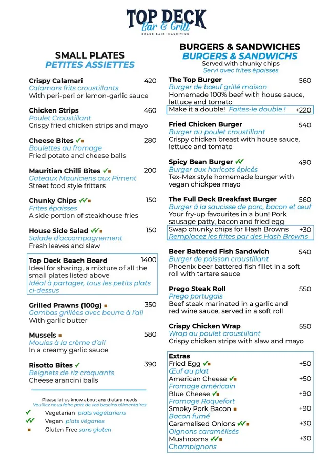 Original menu for Top Deck Bar & Grill, page 2