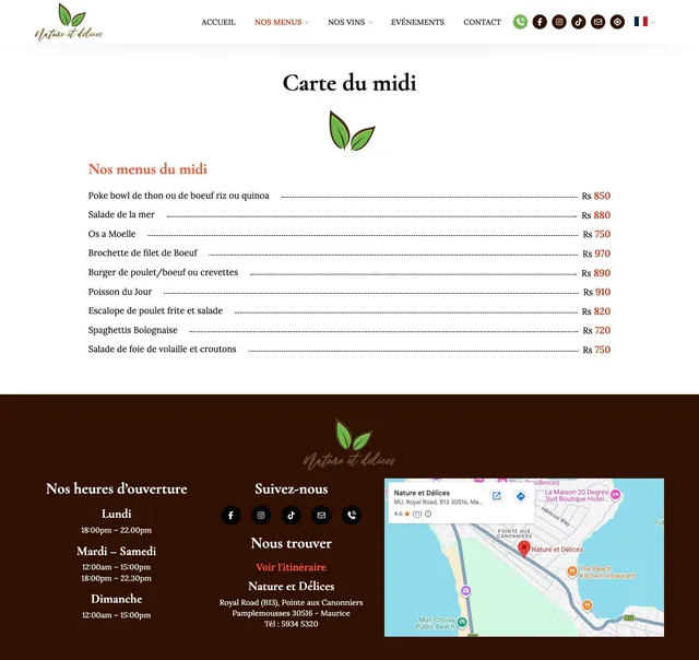 Original menu for Nature et Délices, page 1