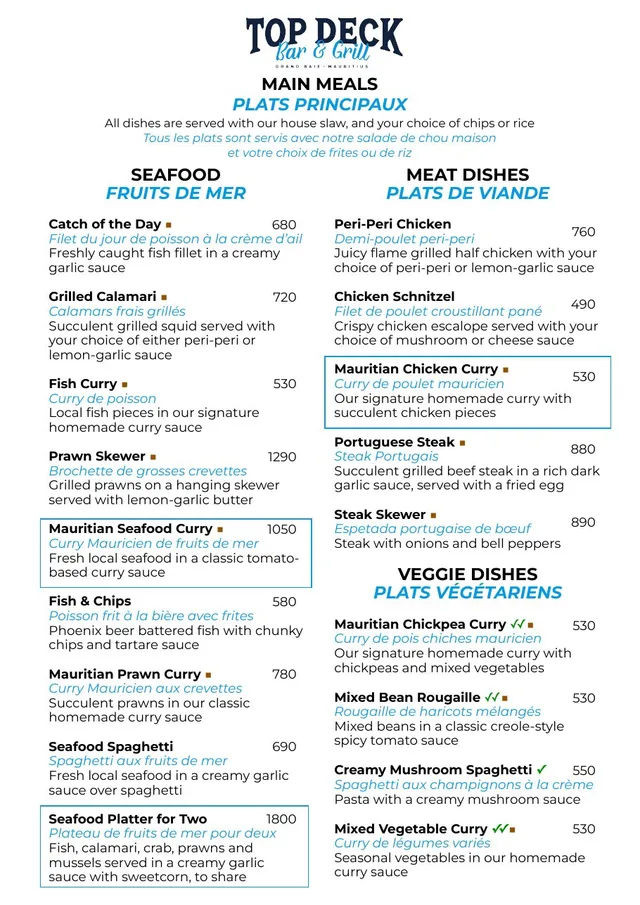 Original menu for Top Deck Bar & Grill, page 3
