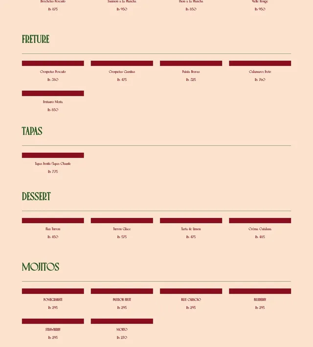 Original menu for Andalucia Mauritius, page 2
