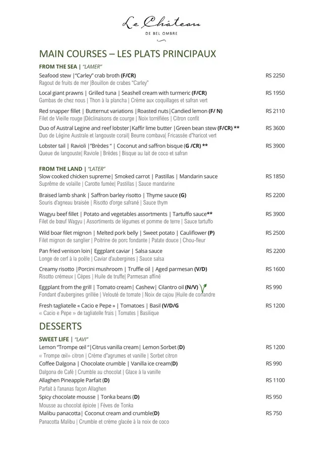 Original menu for Le Château de Bel Ombre, page 2