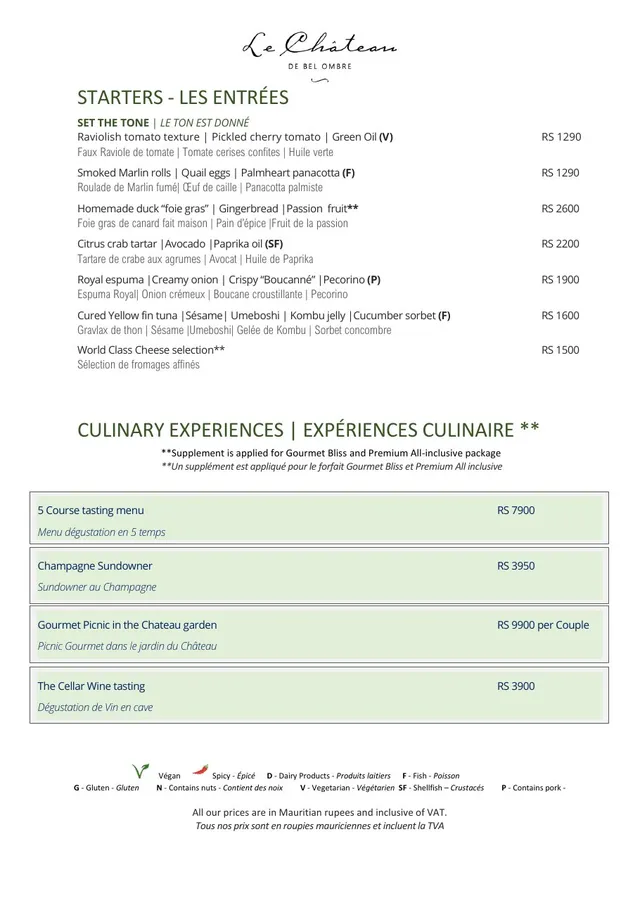 Original menu for Le Château de Bel Ombre, page 1