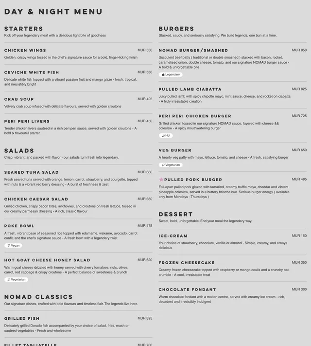 Original menu for NOMAD, page 1