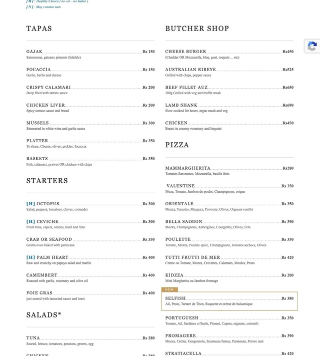 Original menu for SelFish, page 1