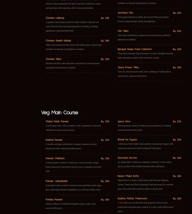 Original menu for Kesar Indian Restaurant Floreal, page 2