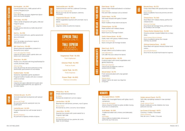 Original menu for Nenban Indian Restaurant, page 2