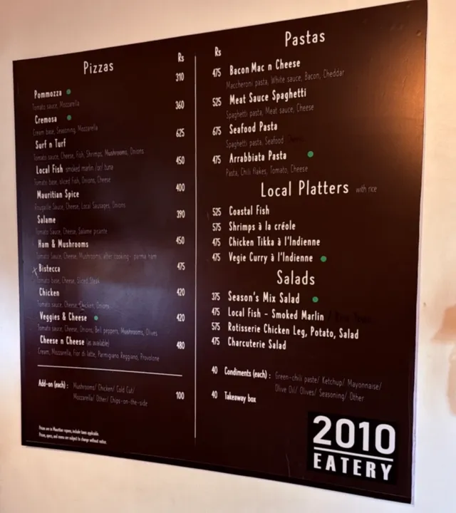 Original menu for 2010 Eatery ( pizzas and more), page 1
