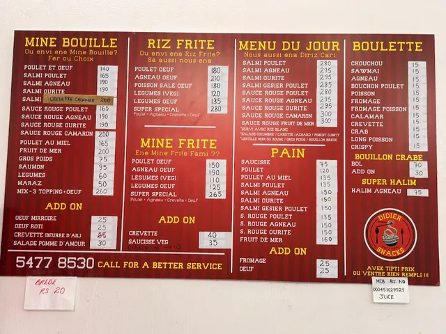 Original menu for Didier Snacks, page 1