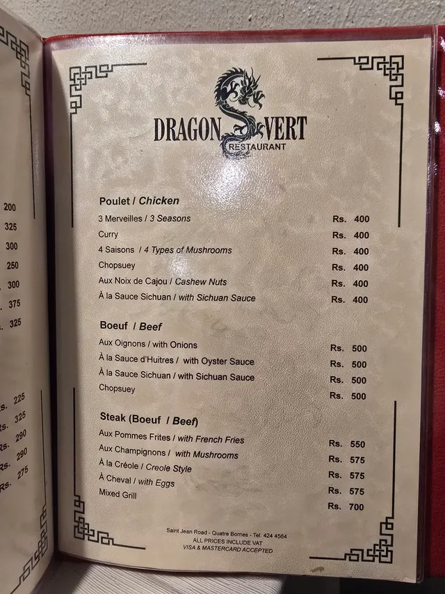 Original menu for Dragon Vert, page 1