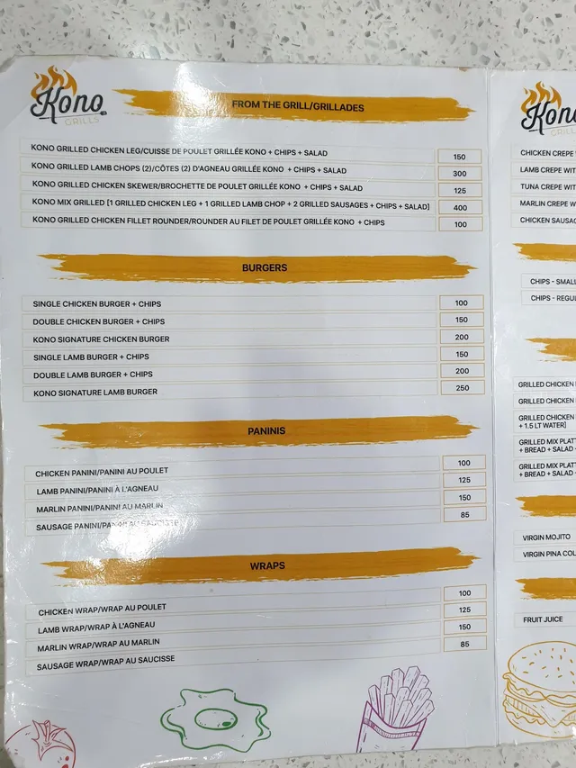Original menu for Kono Grills, page 1