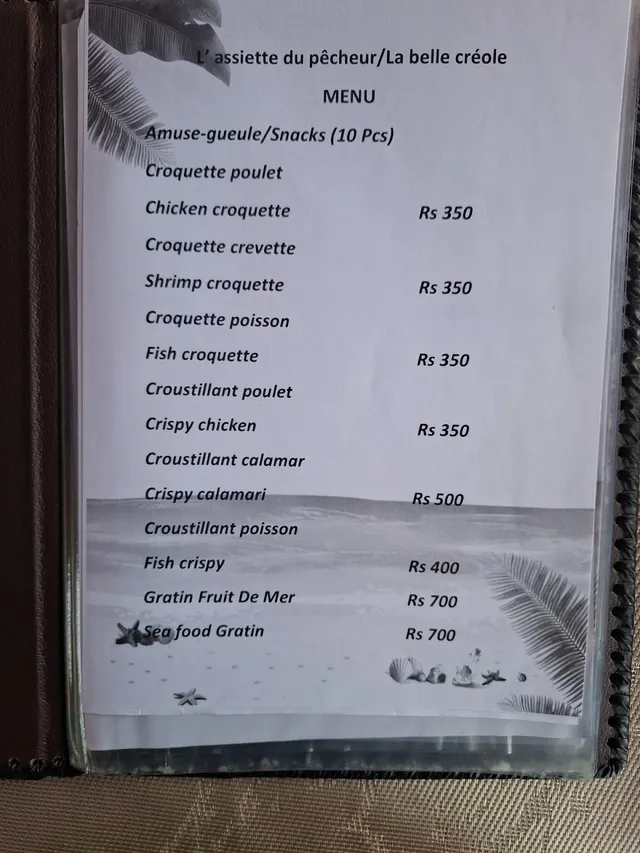 Original menu for La Belle Creole Restaurant, page 1