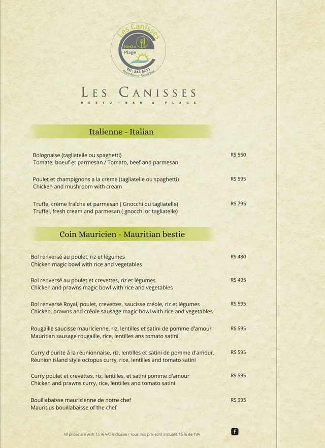 Original menu for Les Canisses Resto & Plage, page 1
