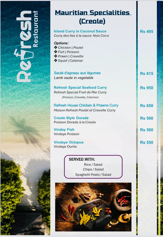 Original menu for Refresh Restaurant Pizza Bar, page 1