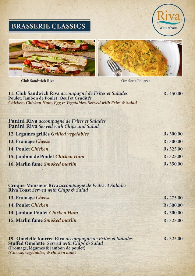 Original menu for Riva Waterfront Restaurant & Lounge, page 1