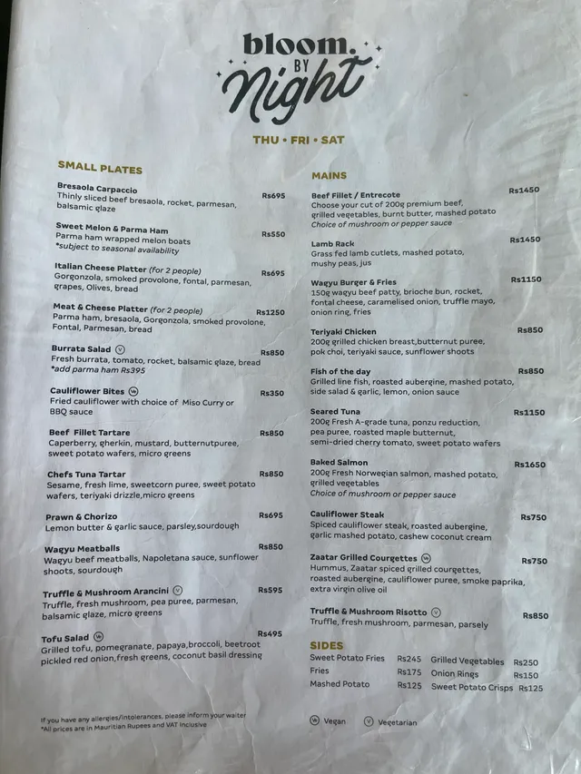 Original menu for Bloom, page 1
