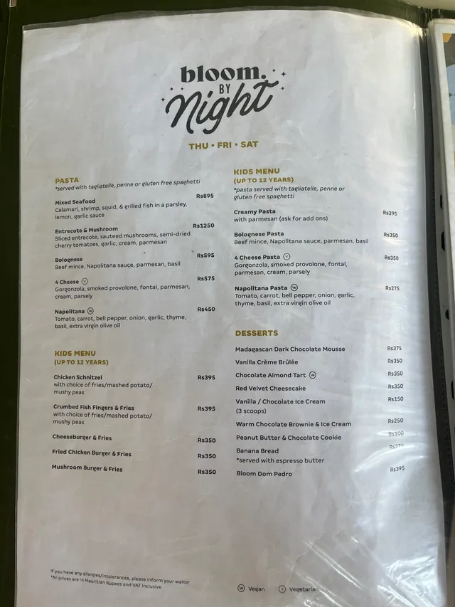 Original menu for Bloom, page 2