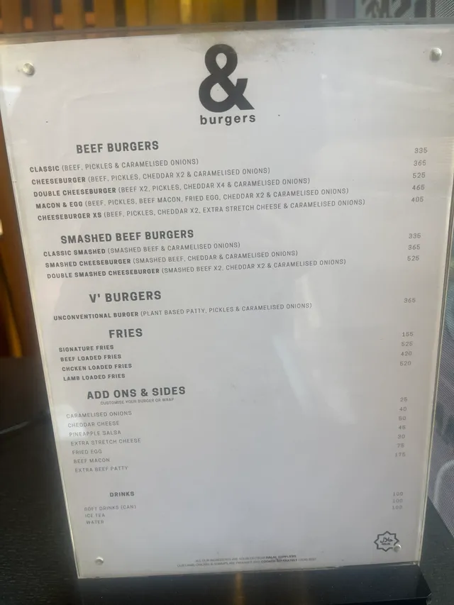 Original menu for & burgers, page 1