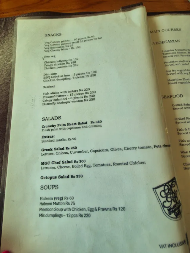 Original menu for Mauritius Gymkhana Club, page 2