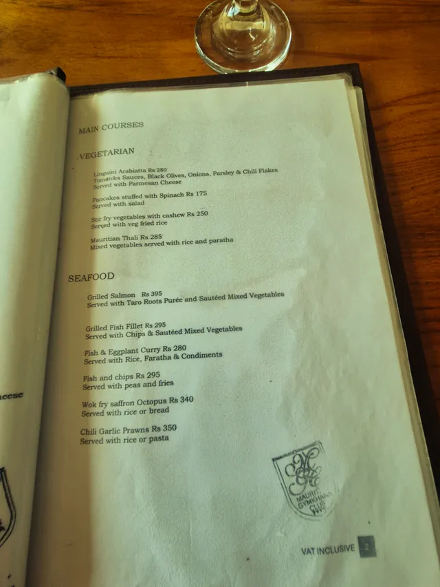 Original menu for Mauritius Gymkhana Club, page 3